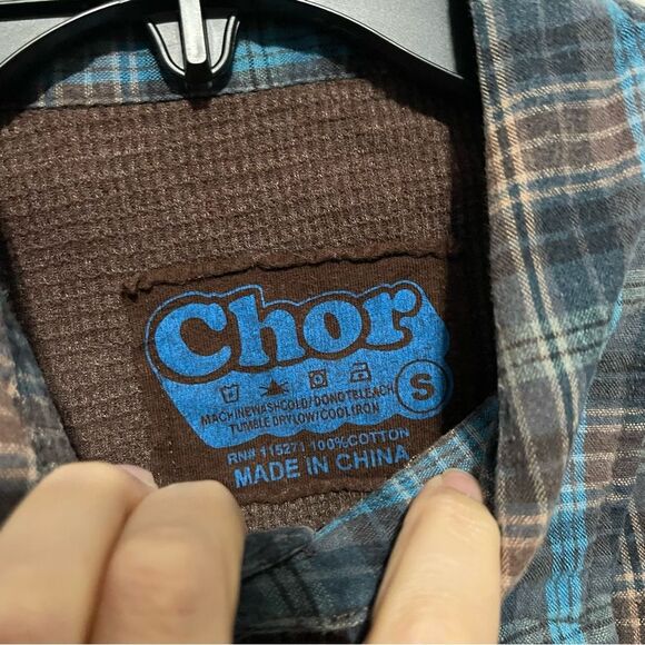 Chor Men’s Waffle Knit Lined Flannel Long Sleeve Shirt Size Small in Blue Brown - Picture 3 of 8